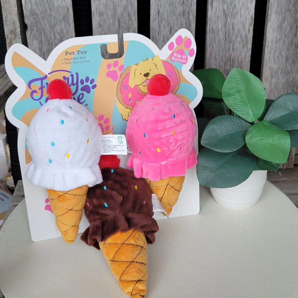 Plush & Squeak Ice Cream Cone Dog Toys - Pink, White, Brown